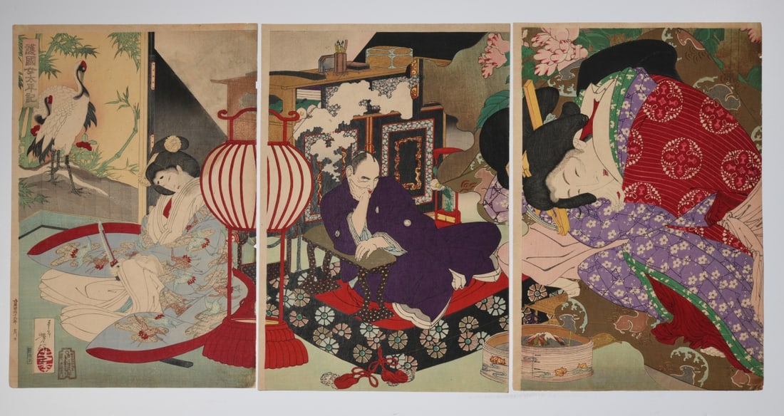 Tsukioka Yoshitoshi Woodblock Triptych: Tsukioka Yoshitoshi (1839 - 1892), three-sheet color woodblock print triptych depicting an interior scene with figures in elaborate robes, cranes and bamboo. Umounted, some toning and scattered