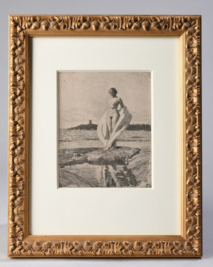 Anders Zorn (Swedish, 1860 - 1920), The Swan: Etching on paper, 1915, depicting a nude woman standing at the water's edge, wrapped by billowing fabric, signed and dated in the plate, matted and framed. Visible image: approx. 6" x 5". Frame: