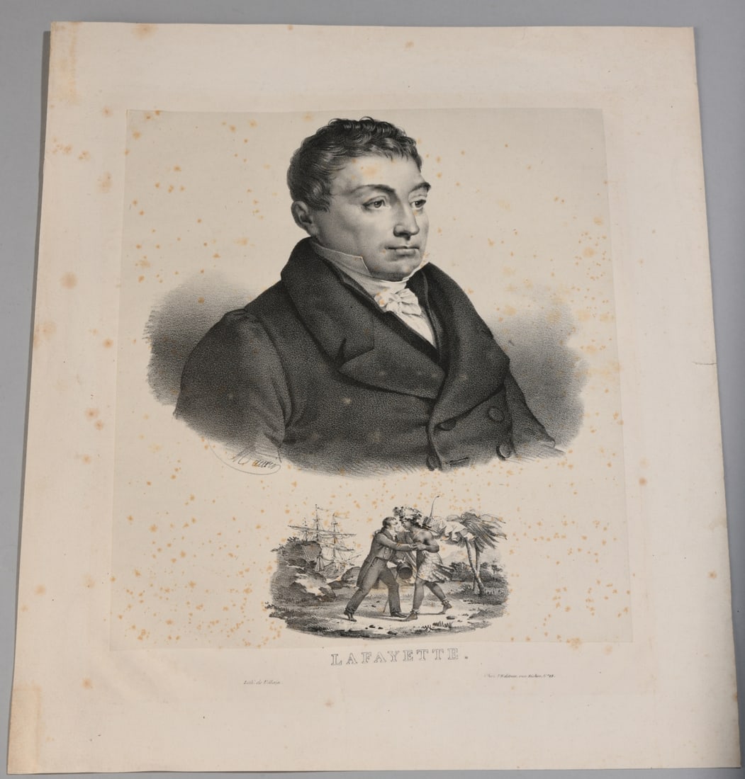 19th C. Marquis de Lafayette Lithographic Portrait: Large lithograph on paper depicting Gilbert du Motier, Marquis de Lafayette, with a smaller historical vignette below. Inscribed "LAFAYETTE," with "Lith. de Villain" at lower left and "Chez
