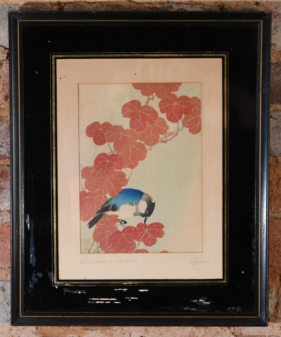 Ito Sozan Woodblock Print: An original Japanese woodblock print by Ito Sozan (1884-?) depicting a blue bird on autumn vines, featuring the red artist seal at lower left. Frame approx. 17" x 14". Sight approx. 9 1/4" x 6 1/2".
