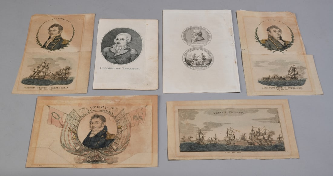 Mixed Grouping of Small Antique Naval Prints: Including Commodore Truxton, Perry's Victory, Decatur / United States & Macedonian, Hull / Constitution & Guerriere, etc. Some tears and discoloration, all in as-found condition. Largest: approx. 8" x