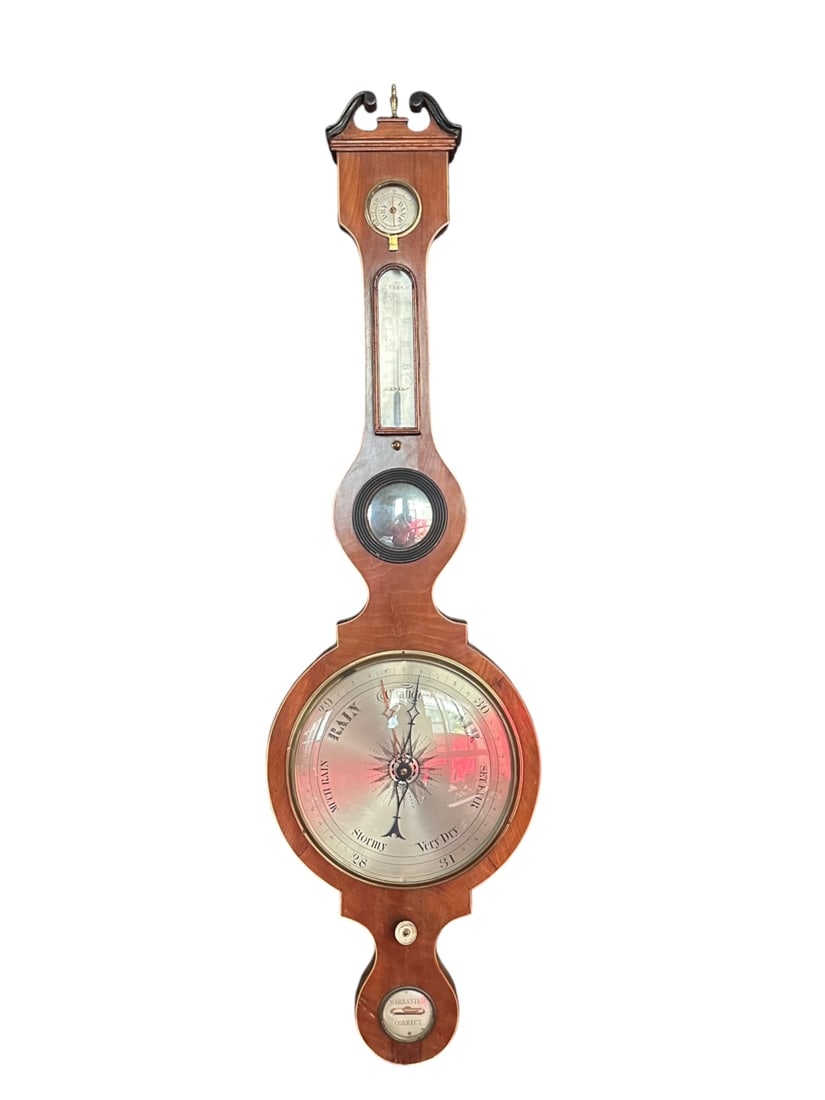 Antique English Mahogany Barometer: 19th century, with line inlay, dry / damp hygrometer, thermometer, convex mirror, large silvered barometer dial, and spirit level marked "Warranted Correct." Some minor scuffs, age cracks and wear. Ap