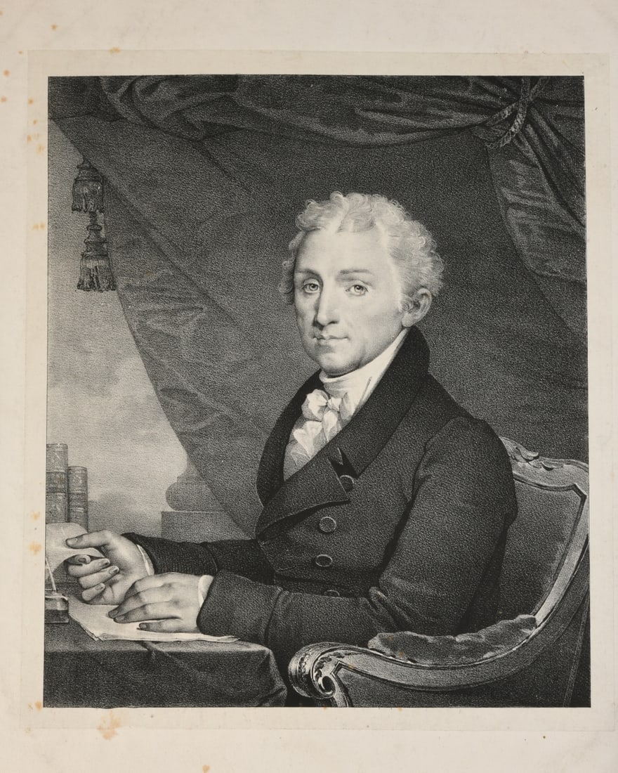 19th C. James Monroe Portrait: No visible title or publisher's imprint, mounted to a larger backing sheet, scattered foxing, toning, staining, handling wear, and minor edge tears. Secondary sheet: approx. 19" x 14 3/4". Our