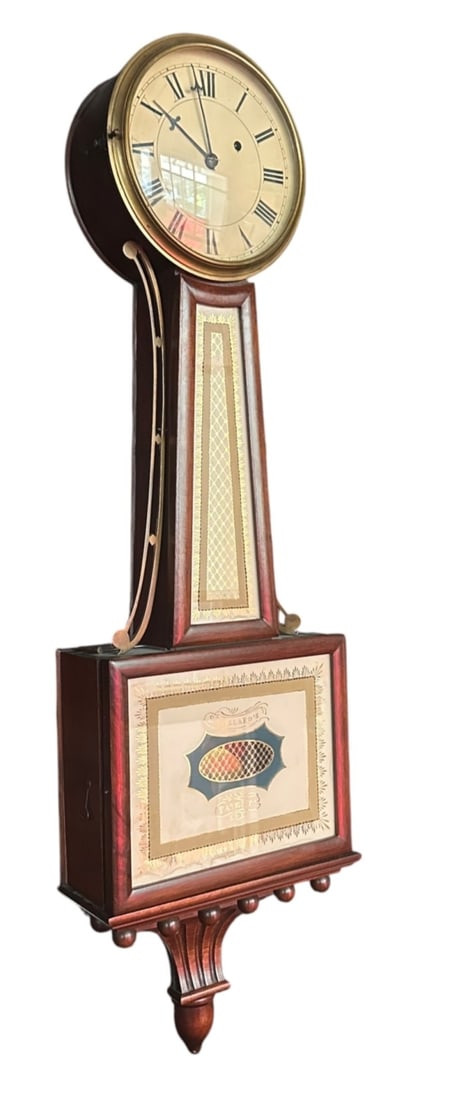 Federal Style Banjo Wall Clock: 20th century, after Simon Willard, with reverse painted lower glass inscribed "S. Willard's Patent." Roman numeral dial, brass bezel, pierced brass side brackets (one partially disconnected / needs