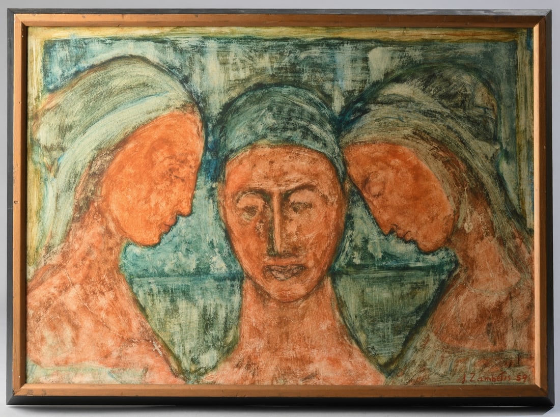 John Zambelis (Greece/New Zealand/US, 1917 - 1997): Oil on Masonite, 1959, depicting three stylized female heads in a modernist composition. Signed and dated "J. Zambelis 59" lower right. Verso inscribed in pencil "No. 6" with additional notation. John