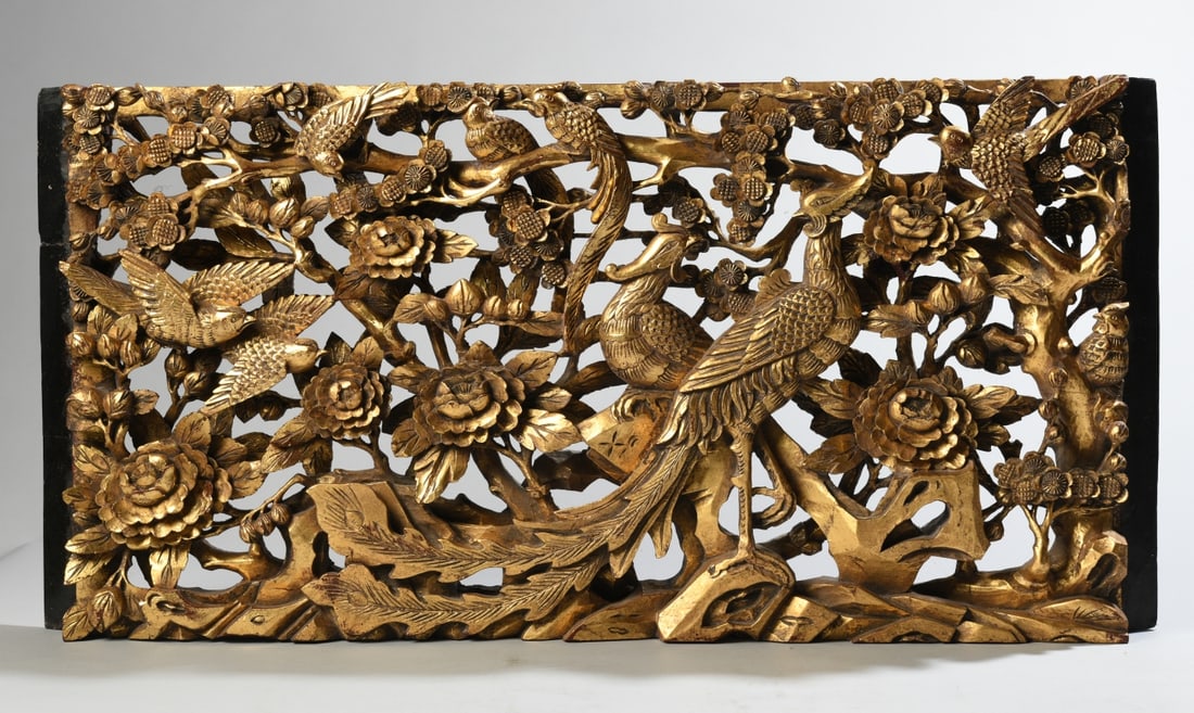 Large Antique Chinese Giltwood Architectural Panel: Deeply carved with a dense arrangement of phoenix and other birds among flowering peony and prunus branches, reverse with reddish-brown lacquered/painted finish. Our primary recommendation is to arran