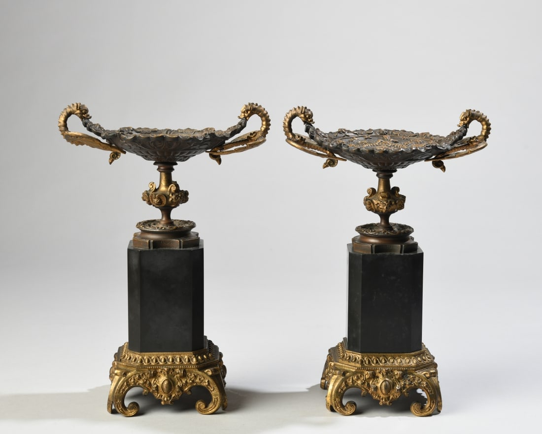 Pair 19th C. Continental Bronze Tazzas