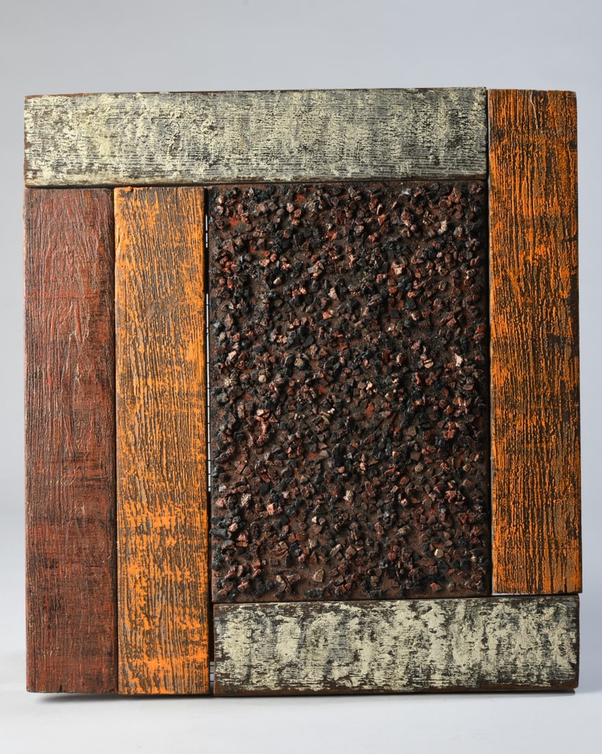 Erwin Lachman (American, 1923-2009) Earth View III: Acrylic, charcoal, sand and mixed media on redwood panel, 1992, with heavily textured central field surrounded by painted and distressed wood elements. Signed and dated to verso, titled on label to ve