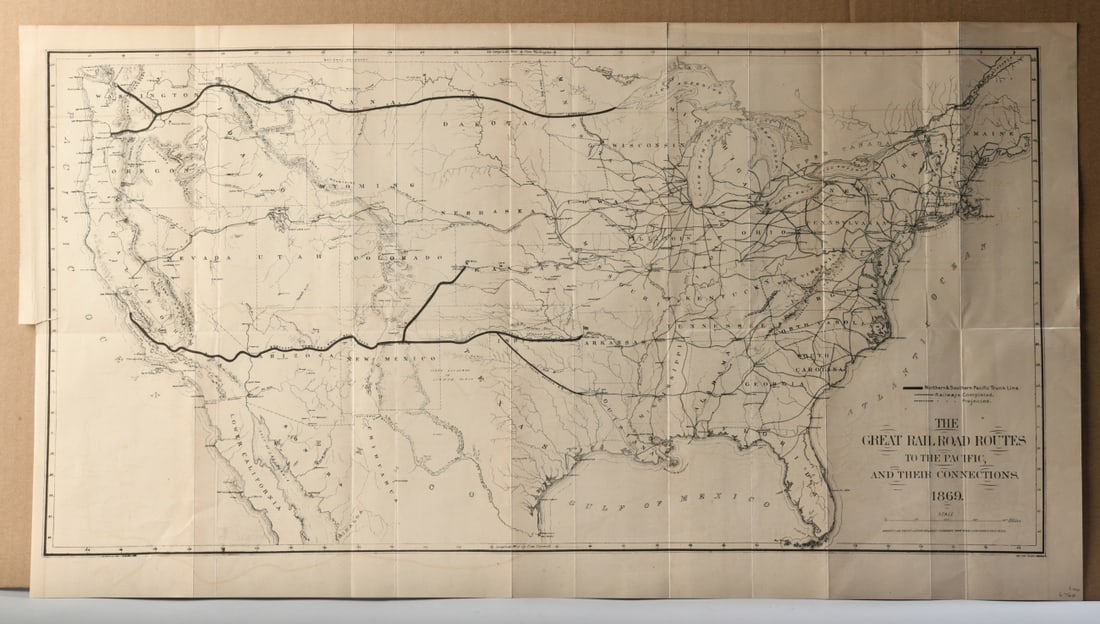 The Great Railroad Routes Map 1869: Published in New York by the American Photo-Lithographic Company, depicts the principal transcontinental and regional railroad routes completed and projected as of 1869, including the Northern and Sou