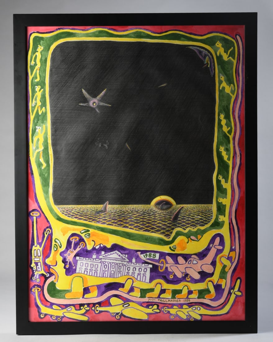 Yvon Taillandier (French, 1926 - 2018): Surrealist watercolor and mixed media painting on paper, dated 1988, signed and dated lower edge. Matted and framed. Visible image: approx. 29 1/2" x 21 1/2". Frame: approx. 32" x 24". Our primary rec