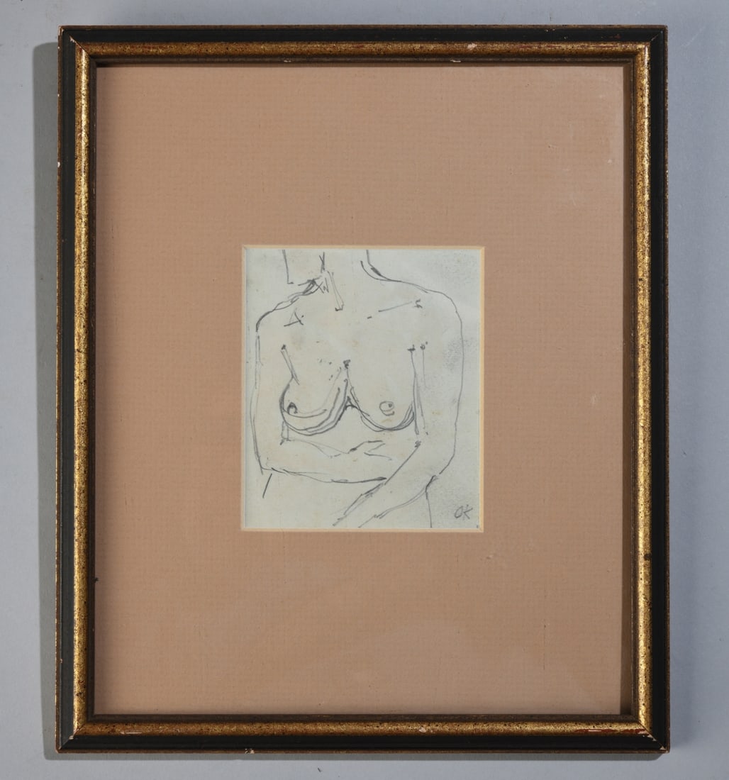 Attrib. Oskar Kokoschka (Austrian, 1886 - 1980): Graphite on paper depicting a female nude torso, initialed "OK" lower right. Matted and framed. Visible image: approx. 3 7/8" x 3 1/4". Frame: approx. 10 1/4" x 8 1/2". Our primary recommendation is