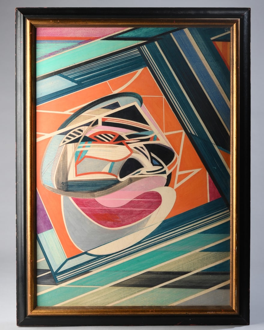 Beppe Devalle (Italian, 1940 - 2013): Giuseppe Riccardo "Beppe" Devalle, "Testa", 1969. Oil on canvas, a large geometric abstraction in saturated orange, teal, blue, pink, black, and gray. Signed, dated 1969, titled and located Italy in