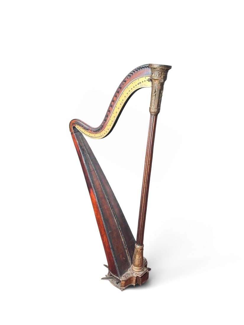 Late Geo. III / Early Regency Sebastian Erard Harp: An exceptional early 19th century harp by the famed maker Sebastian Erard, London. The curved brass plate is clearly engraved "Sebastian Erard's Patent Harp, N. 18 Great Marlborough Street LONDON, N.
