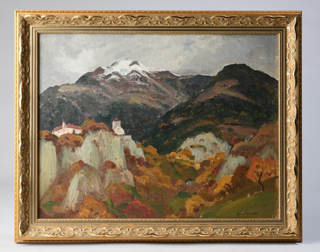 Eliot Candee Clark (New York/Virginia, 1883-1980): Mountain landscape with snowcapped peaks, wooded hills, and a small village with church tower in the valley. Signed lower right. Small scratch to lower right corner. Framed. Visible image: approx. 17