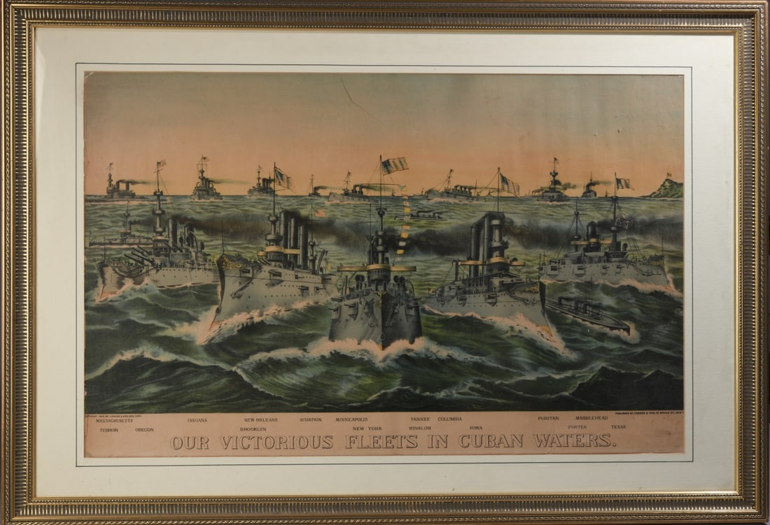 Our Victorious Fleets in Cuban Waters, 1898: Color lithograph, published by Currier & Ives, 33 Spruce Street, New York, copyright 1898. Patriotic Spanish-American War naval scene depicting the United States fleet underway in Cuban waters. Some t
