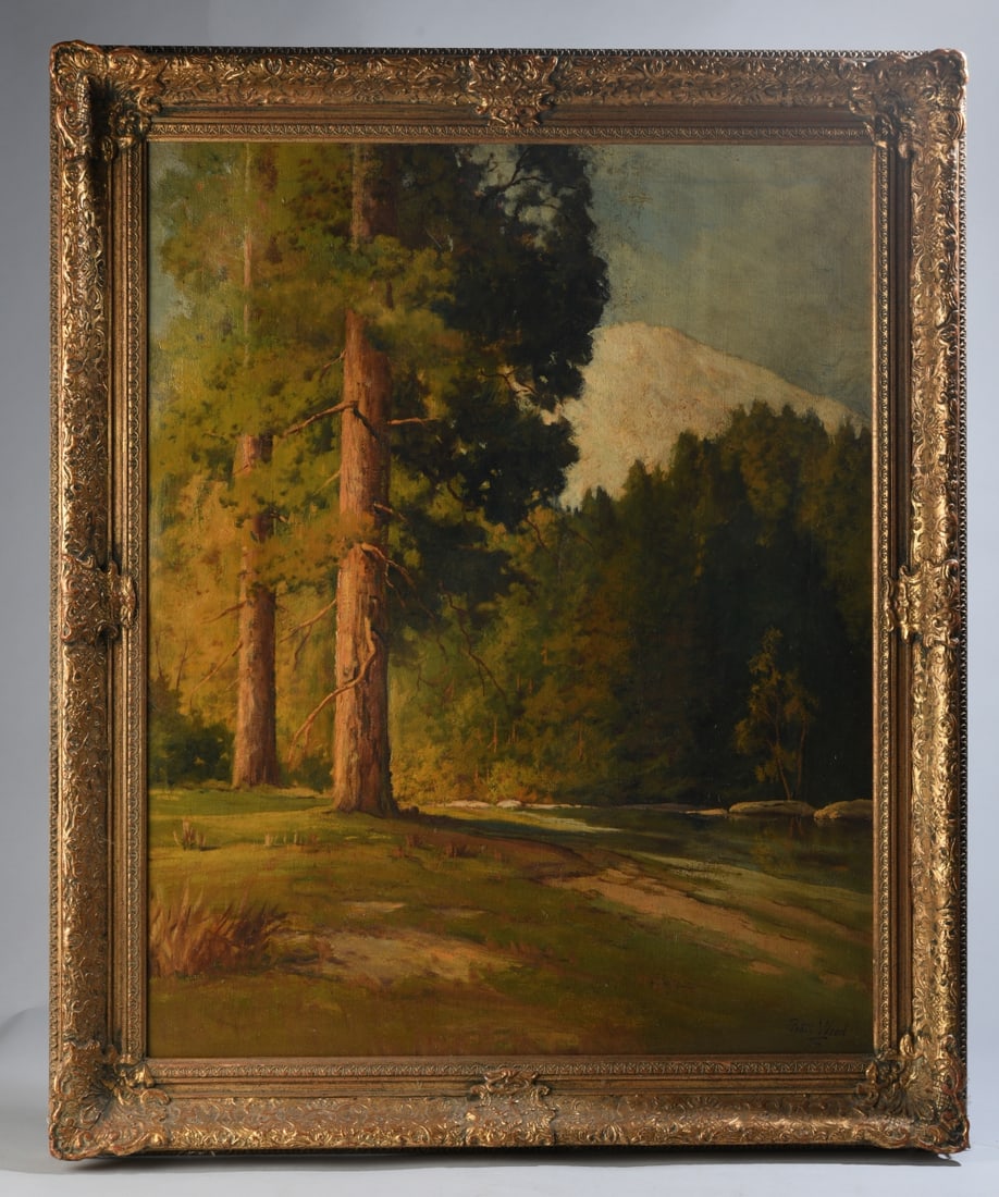 Robert William Wood (American, 1889 - 1979): Oil on canvas depicting a sunlit mountain landscape, signed lower right "Robt. Wood." In gilt composition frame, minor damage to frame. Visible image: approx. 29" x 23". Frame: approx. 35 1/4" x 29 1/