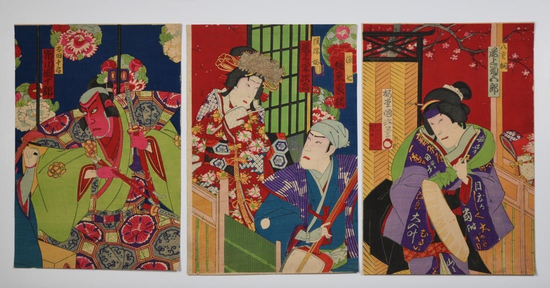 Toyohara Kunichika Kabuki Triptych: Toyohara Kunichika (Japanese, 1835 - 1900), color woodblock print triptych depicting a Kabuki scene with three actors in elaborate costume against a floral interior. Unmounted, minor toning, creasing