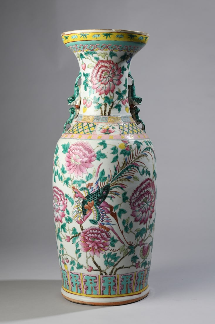 Chinese Famille Rose Pheasant & Peony Vase: A baluster form porcelain floor vase featuring applied turquoise glazed chilong handles at the neck, hand painted in vivid polychrome enamels. The main body depicts a pheasant perched among large