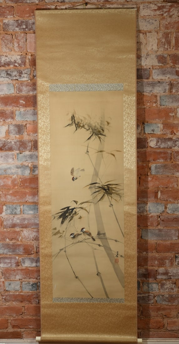 Chinese Bird and Bamboo Hanging Scroll: Showing sparrows among bamboo in ink and light color, minor damage / discoloration, in as-found condition. Image: approx. 46" x 16". Mount: approx. 73" x 22". Our primary recommendation is to arrange 