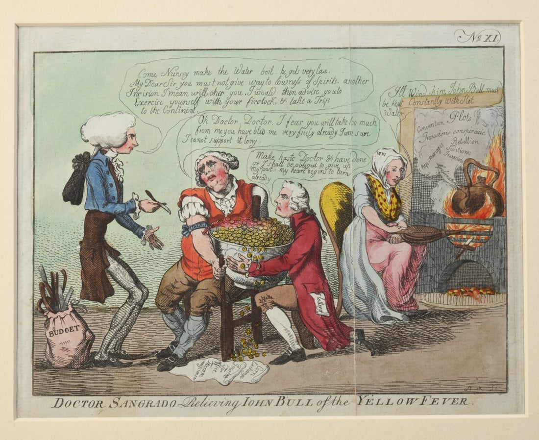 Isaac Cruikshank, Doctor Sangrado, 1795: Hand colored etching, Doctor Sangrado Relieving John Bull of the Yellow Fever. Depicts Prime Minister William Pitt bleeding gold coins from the arm of John Bull into a bowl. Inscribed in lower