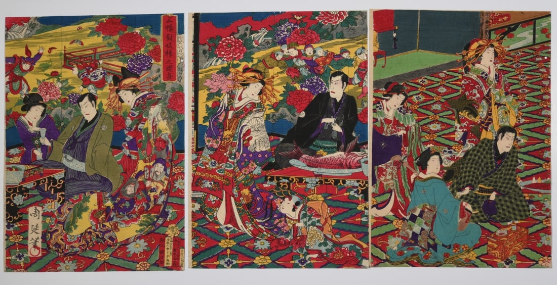 Yoshu Chikanobu Japanese Woodblock Triptych: Yoshu Chikanobu (Japanese, 1838 - 1912), Meiji period color woodblock print triptych depicting figures gathered in an elaborately decorated interior and garden setting, minor toning, fading, creases