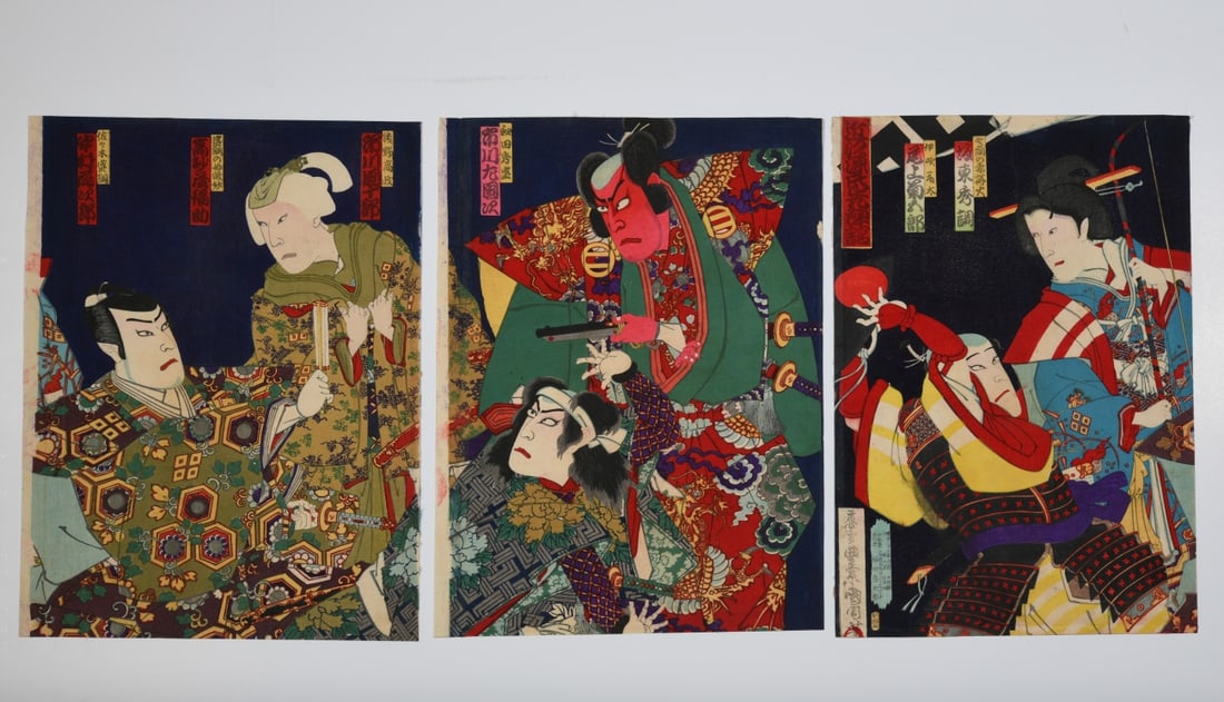 Utagawa Kunisada Japanese Triptych: Utagawa Kunisada (Toyokuni III, Japanese, 1786 - 1865), Edo-period color woodblock print triptych depicting kabuki actors, unmounted, minor toning, creasing, scattered edge wear and minor losses,