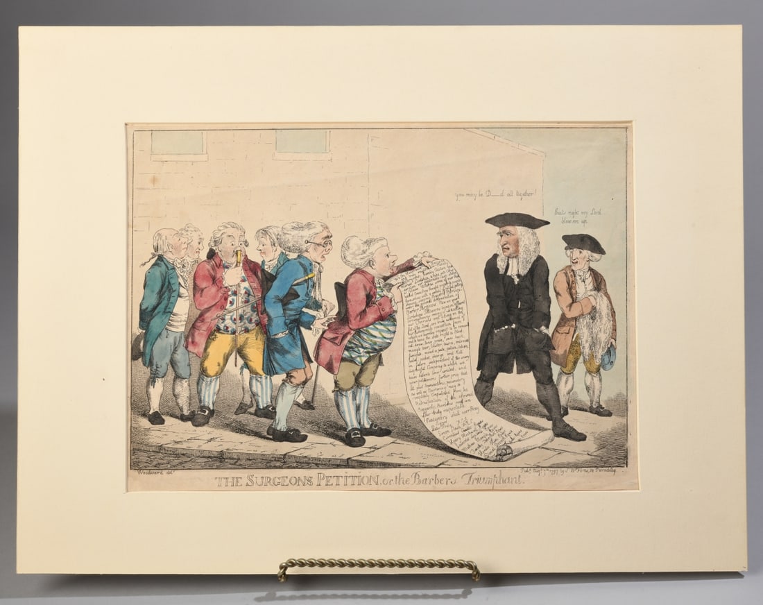 The Surgeons Petition, or the Barbers Triumphant: Hand-colored etching. Depicts surgeons presenting a large unrolling petition to Lord Thurlow alongside a barber. Inscribed in lower margin; published by S.W. Fores, London, August 1797. Visible loss