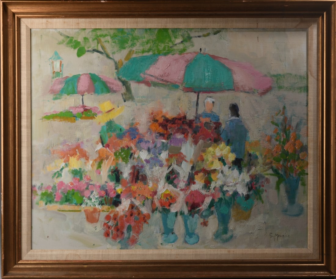 Eleanor Ingersoll Maurice (American, 1901 - 1995): Oil on canvas depicting a colorful outdoor flower market with figures beneath striped umbrellas, signed "E. Maurice" lower right, framed. Visible image: approx. 29 1/2" x 23 1/2". Frame: approx. 35"