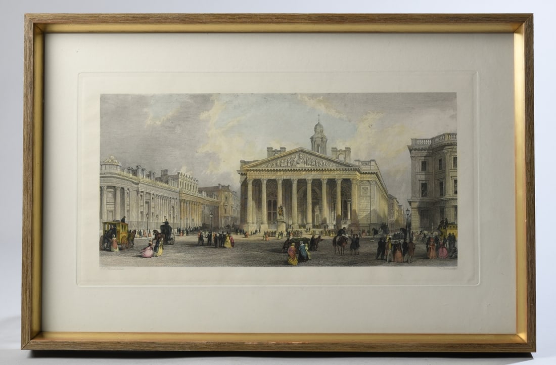 The Bank of England and Royal Exchange: Hand colored steel engraving after a drawing by A.L. Thomas, engraved by T.A. Prior and published by J. & W. Robins, 57 Tooley Street, London. Circa 1849, depicting the Royal Exchange and surrounding