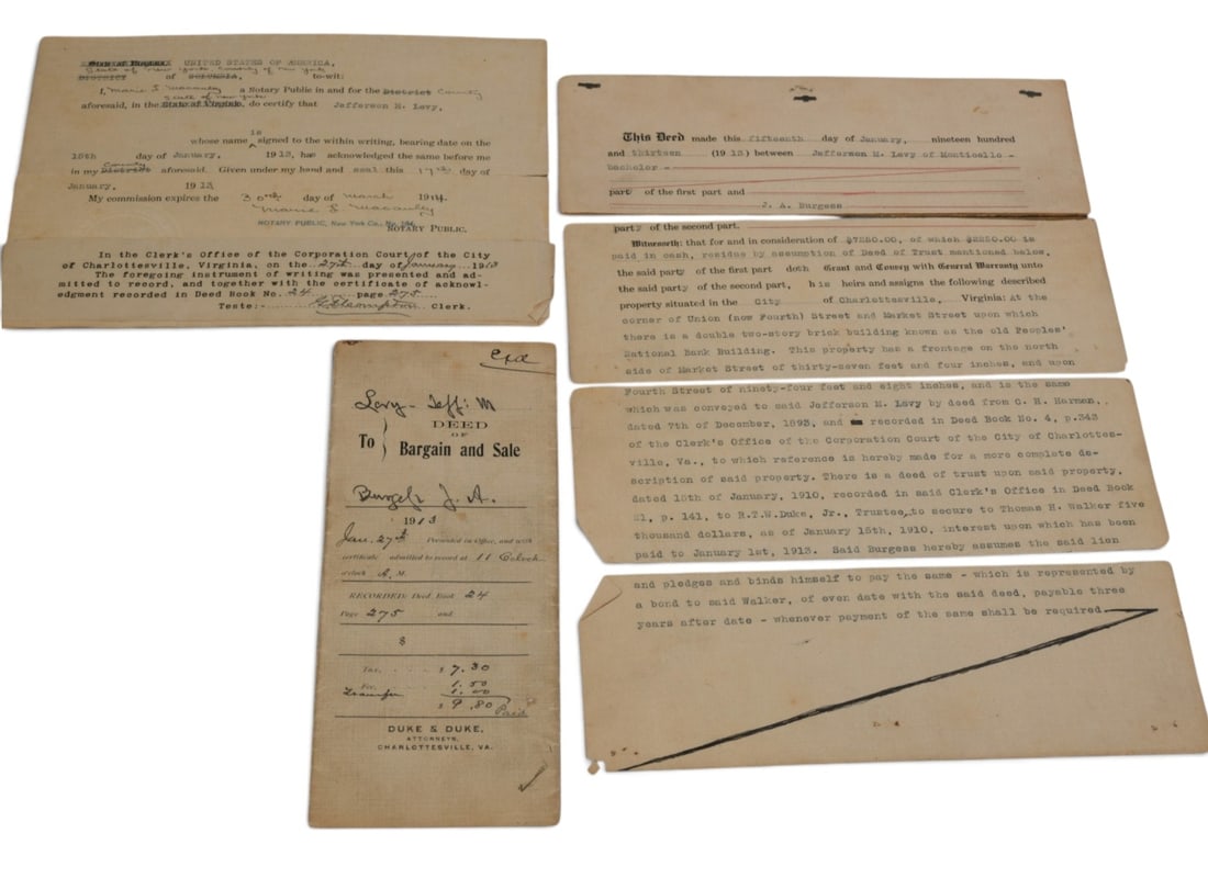 1913 Deed, Jefferson M. Levy of Monticello: Deed of Bargain and Sale, Jefferson M. Levy to J. A. Burgess, dated 15 January 1913, conveying a lot at the corner of Union (now Fourth) and Market Streets, Charlottesville, improved by the building