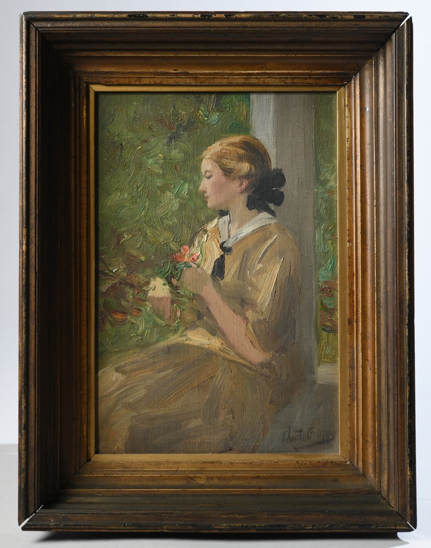 Charles Paul Gruppe (American, 1860-1940): Oil on board of a young woman by American artist Charles Paul Gruppe. Signed lower right. Frame approx. 15 1/4" x 11 1/2". Sight approx. 11" x 7 1/2". Our primary recommendation is to arrange shipping