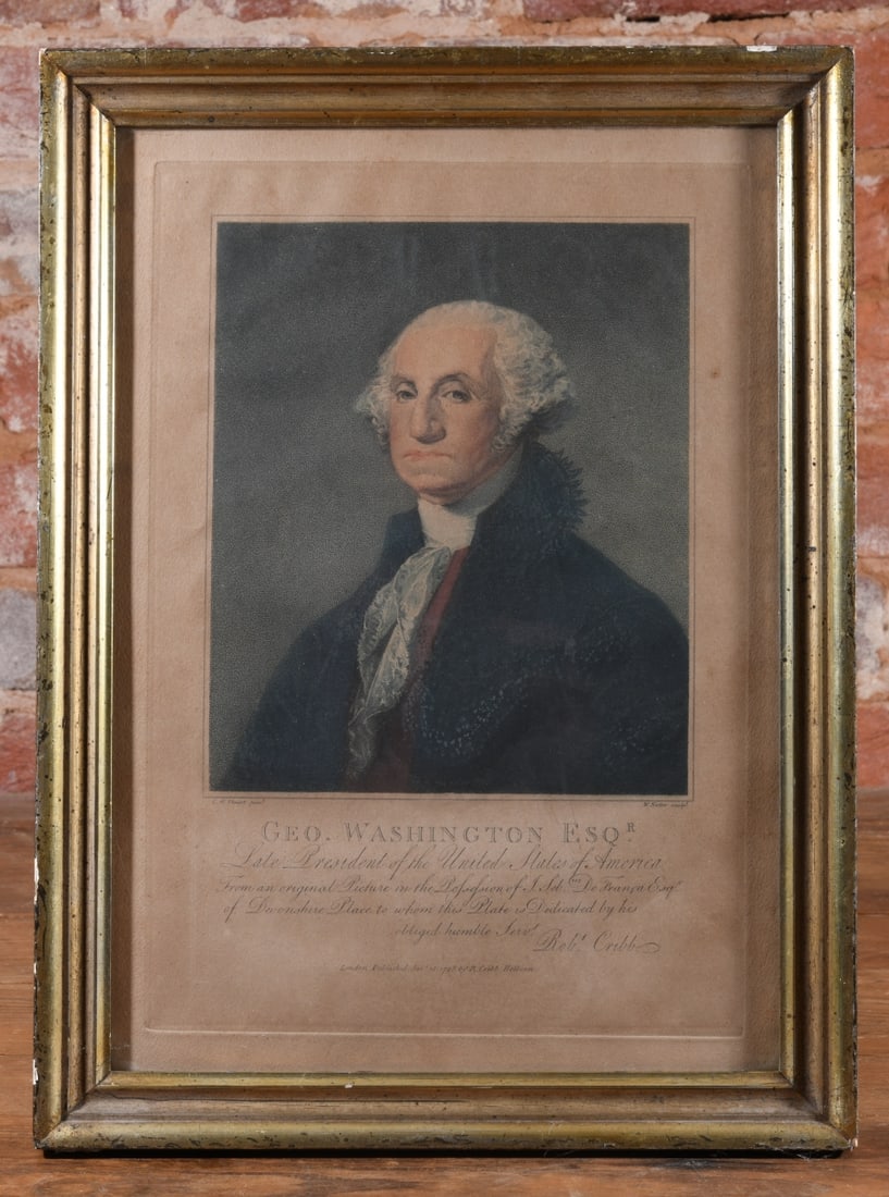 18th C Engraving of George Washington: An 18th century stipple engraving with hand coloring depicting George Washington, engraved by William Nutter (British, 1754-1802) after the famous portrait by Gilbert Stuart (American, 1755-1828).