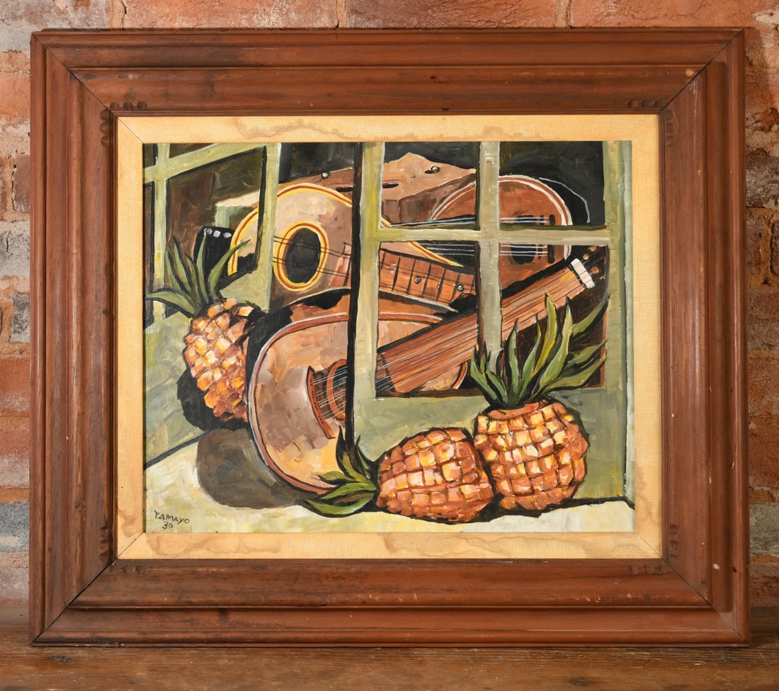 Manner of Rufino Tamayo Still Life: Oil on canvas still life depicting stringed instruments and pineapples arranged before a window frame. Bears signature and date lower left "TAMAYO 30". Housed in a carved wooden frame with a fabric