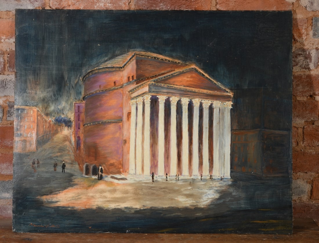 Manner of Maurice Utrillo, The Pantheon, Rome: An oil on Masonite panel depicting the Pantheon in Rome against a dark nocturnal backdrop, painted in the manner of Maurice Utrillo (French, 1883-1955). Signature in orange script reads "Maurice,