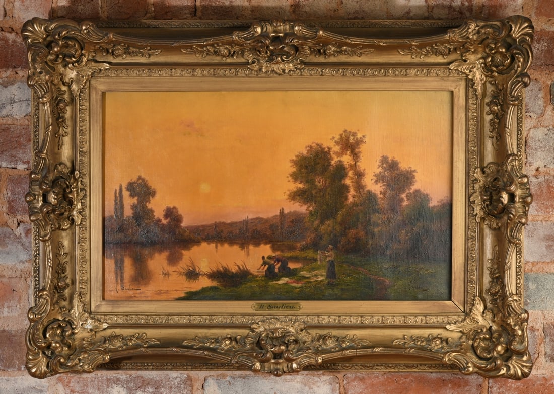 19th Century Oil on Canvas, H. Saulieu: 19th century Barbizon style oil on canvas depicting washerwomen along a riverbank at sunset. Signed "H. Saulieu" lower left with an inscribed brass nameplate. Housed in an ornate giltwood frame.