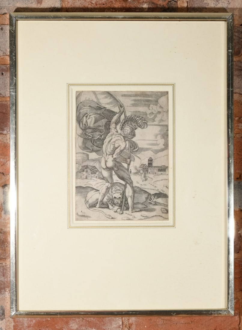 16th C.Veneziano Engraving - Man with a Flag: 16th century Renaissance engraving by Agostino Veneziano (c. 1490-after 1536), after a design by Raphael. Depicts a nude classical warrior holding a billowing standard above a lion. Signed with Venezi