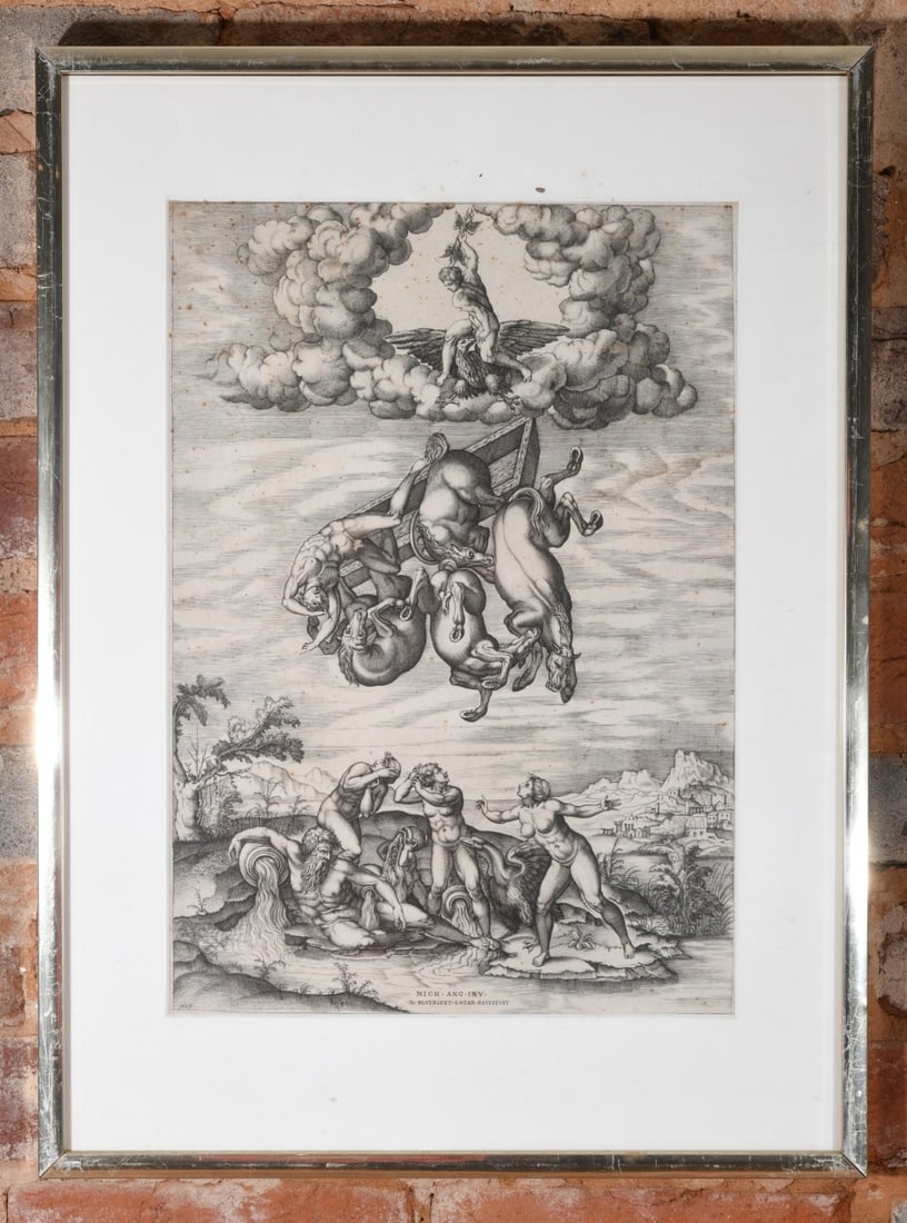 16th C. Engraving - The Fall of Phaeton: 16th century Renaissance engraving titled The Fall of Phaeton, executed by Nicolas Beatrizet (c. 1507/15-1573) after the celebrated design by Michelangelo Buonarroti (1475-1564). Inscribed along the l