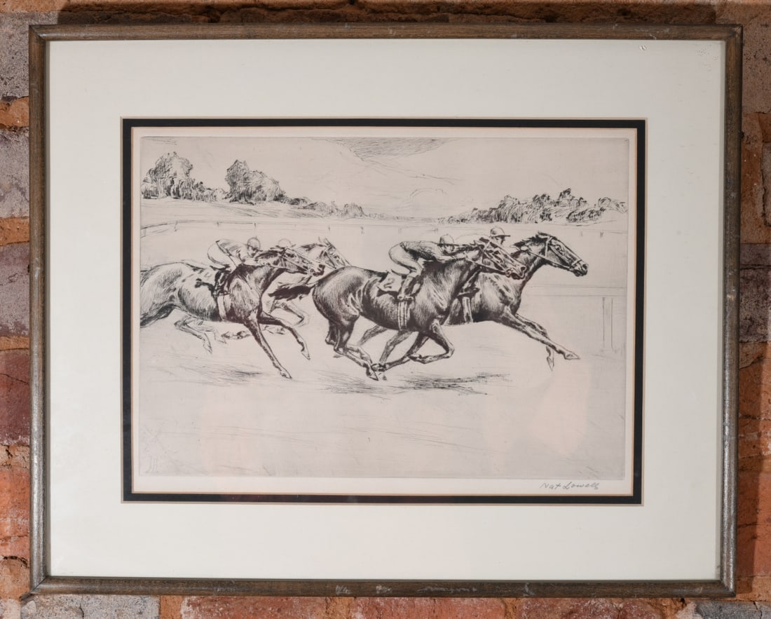 Nat Lowell (1880-1956) Signed Horse Racing Etching: Original 20th century etching on paper by Latvian / American artist Nat Lowell (1880-1956). Signed lower right. Matted and framed. Frame approx. 18" x 14 5/8". Sight approx. 12 3/4" x 9 3/8". Our