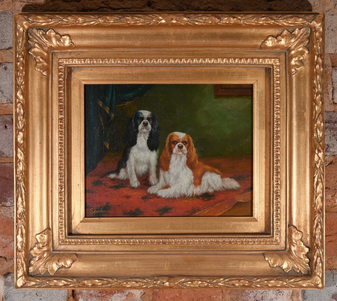 Oil on Canvas, Two King Charles Spaniels: Oil on canvas depicting two Cavalier King Charles Spaniels posed on a patterned carpet. Signed "Spader(?)" lower left. Frame approx. 17 3/4" x 15 3/4". Sight approx. 9 1/2" x 7 1/2". Our primary