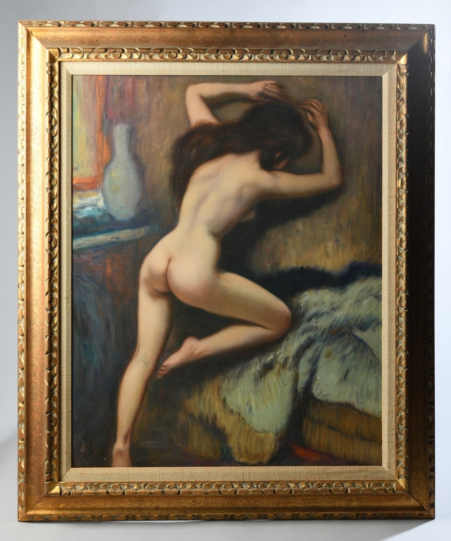 Helmut Breuninger (German, 1921-1998): Original oil on canvas depicting a female nude figure. Frame approx. 37 3/4" x 31 1/2". Sight approx. 29 1/2" x 23 1/4". Our primary recommendation is to arrange shipping yourself using Blue Ridge