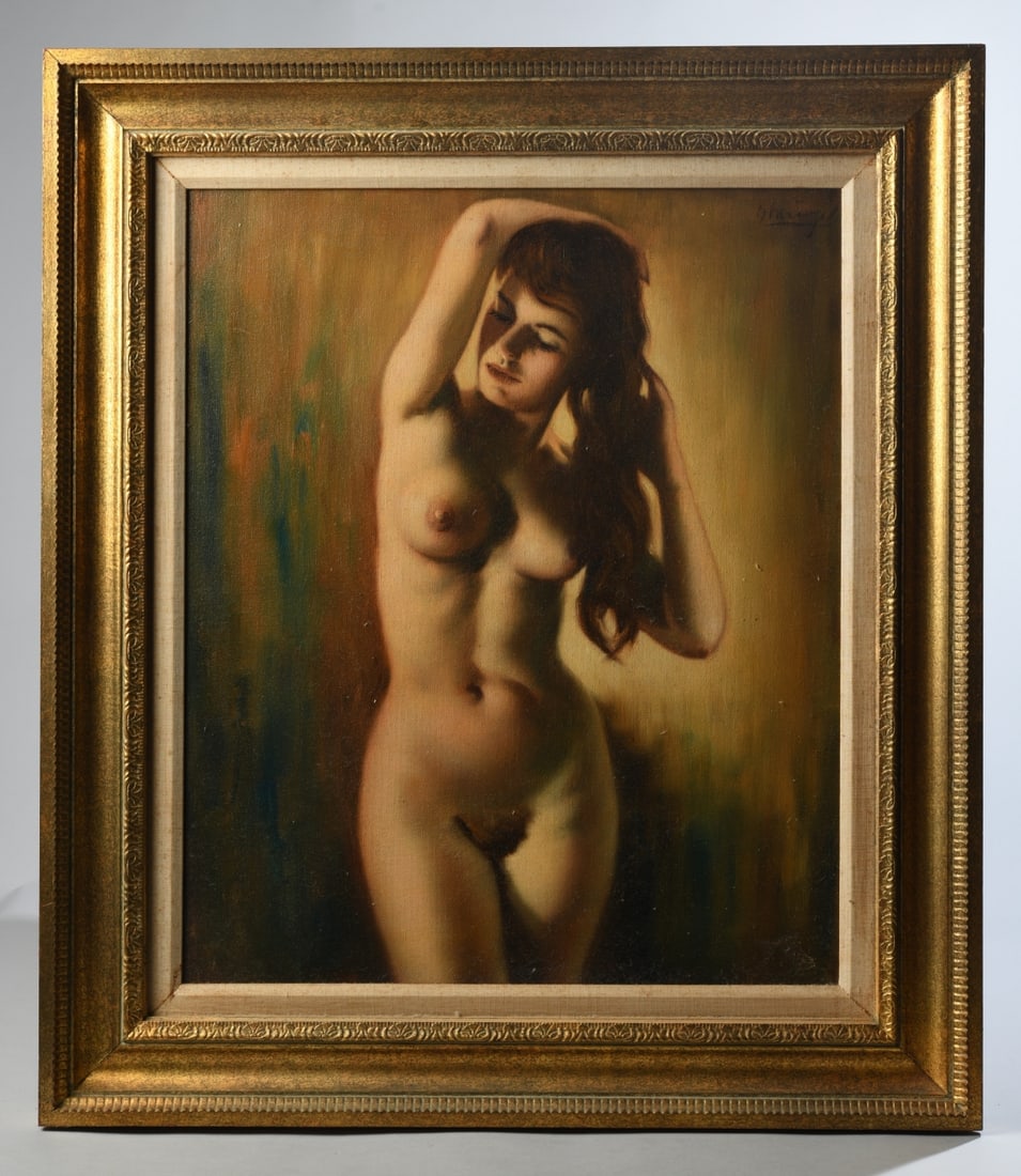 Helmut Breuninger (German, 1921-1998): Original oil on canvas depicting a female nude figure. Signed upper right. Frame approx. 31 1/2" x 27 1/2". Sight approx. 23 1/2" x 19 1/4". Our primary recommendation is to arrange shipping yourself