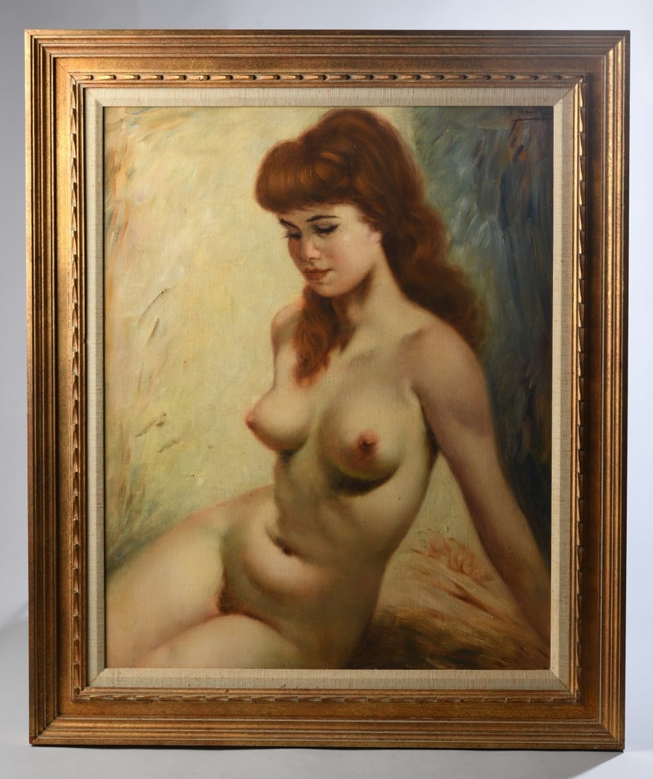 Helmut Breuninger (German, 1921-1998): Original oil on canvas depicting a female nude figure. Signed upper right. Frame approx. 36 7/8" x 30 7/8". Sight approx. 29 1/4" x 23 1/4". Our primary recommendation is to arrange shipping yourself