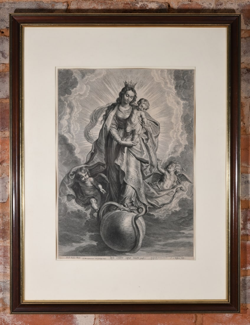 17th C. Rubens Engraving Virgin & Child: 17th-century copperplate engraving after Peter Paul Rubens depicting the Immaculate Conception. Engraved by Schelte Adamsz. Bolswert and published by Alain Bonenfant. Frame approx 26" x 20". Sight