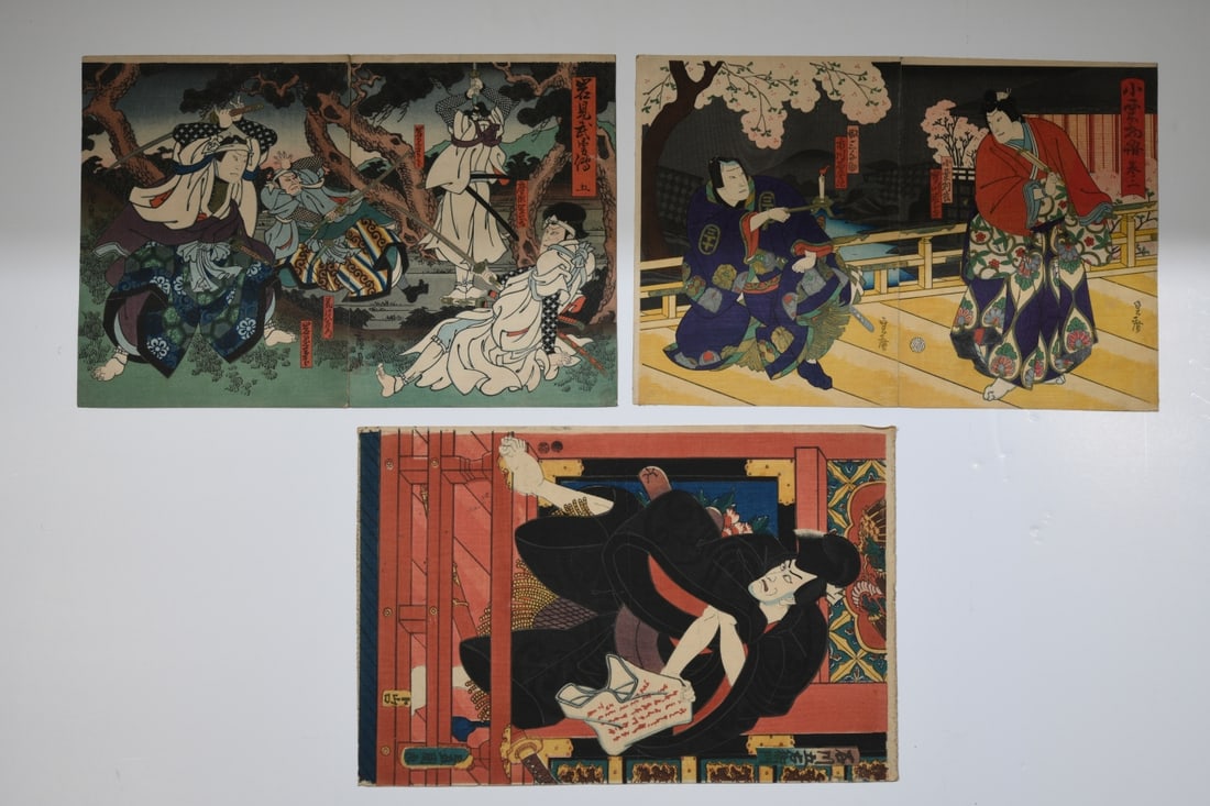 Three Japanese Kabuki Woodblock Prints: Edo period, comprising a two-sheet diptych depicting Kabuki actors on a terrace beneath flowering trees, a two-sheet diptych depicting a battle scene, and a single-sheet Kabuki scene depicting a