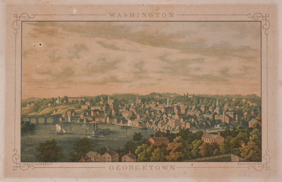 Edward Sachse & Co. View of Georgetown, D.C.: Small color lithograph depicting Georgetown, Washington, D.C., viewed across the Potomac, published by E. Sachse & Co., Baltimore, Maryland. Mounted to backing board with old paper tape. Some toning,
