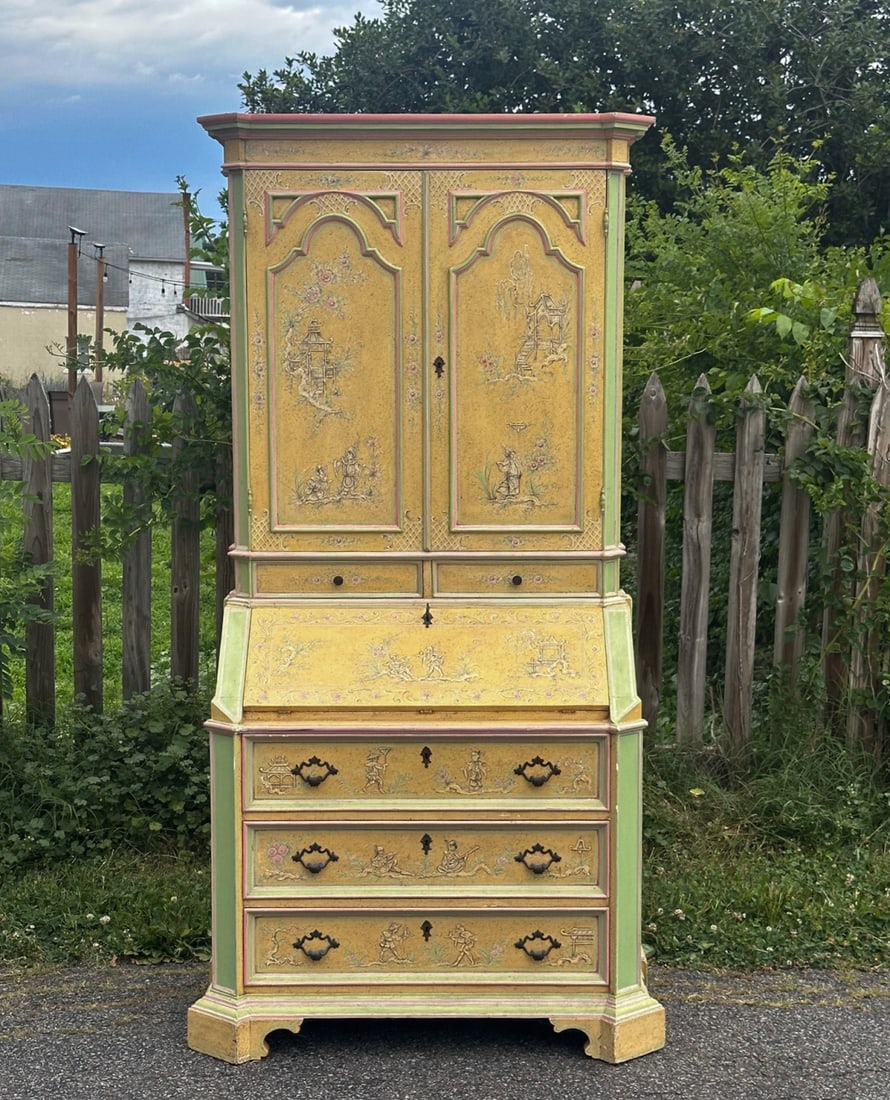 Italian Painted Secretary Bookcase: Decorative two-piece secretary bookcase featuring chinoiserie motifs, mid-late 20th century, labeled and stamped "Made In Italy." Lower section with slant-front top over three drawers, upper section