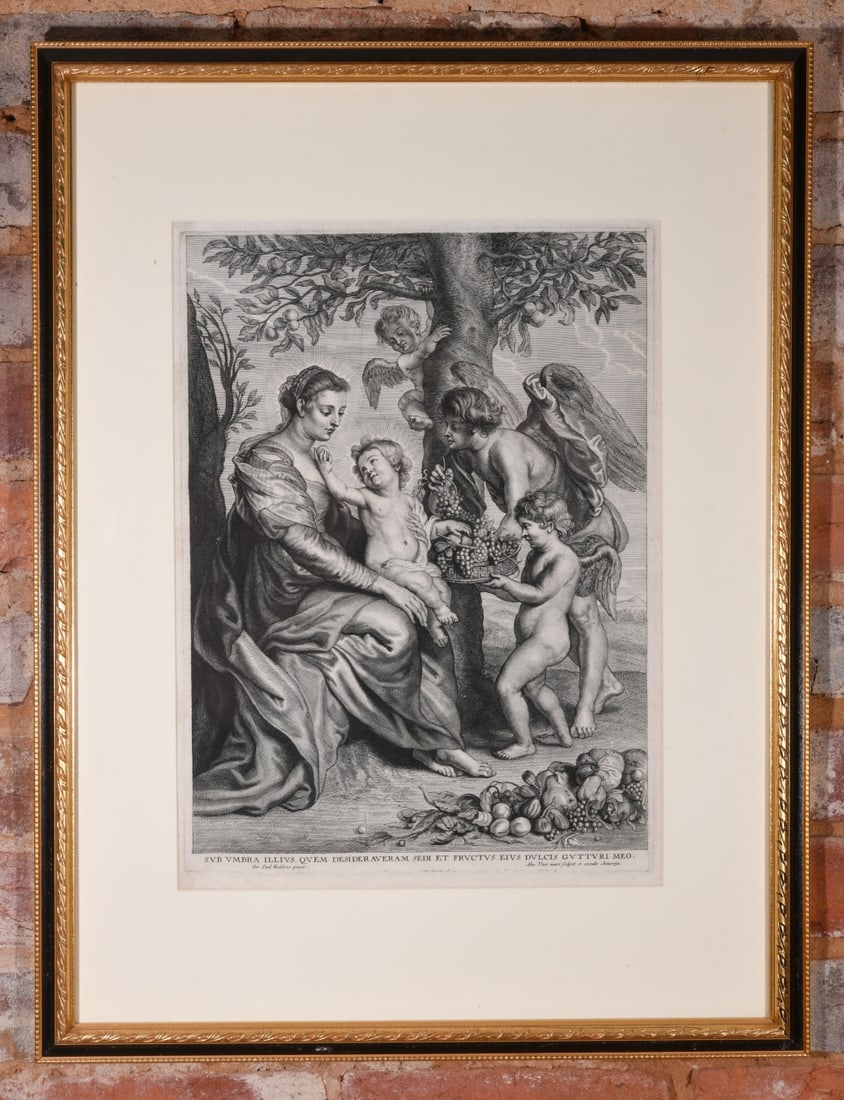 Rubens Engraving Virgin & Child with Angels: 17th-century copperplate engraving after Peter Paul Rubens depicting The Virgin and Child under the Apple Tree with Angels. Engraved and published in Antwerp by Alexander Voet the Younger. Frame
