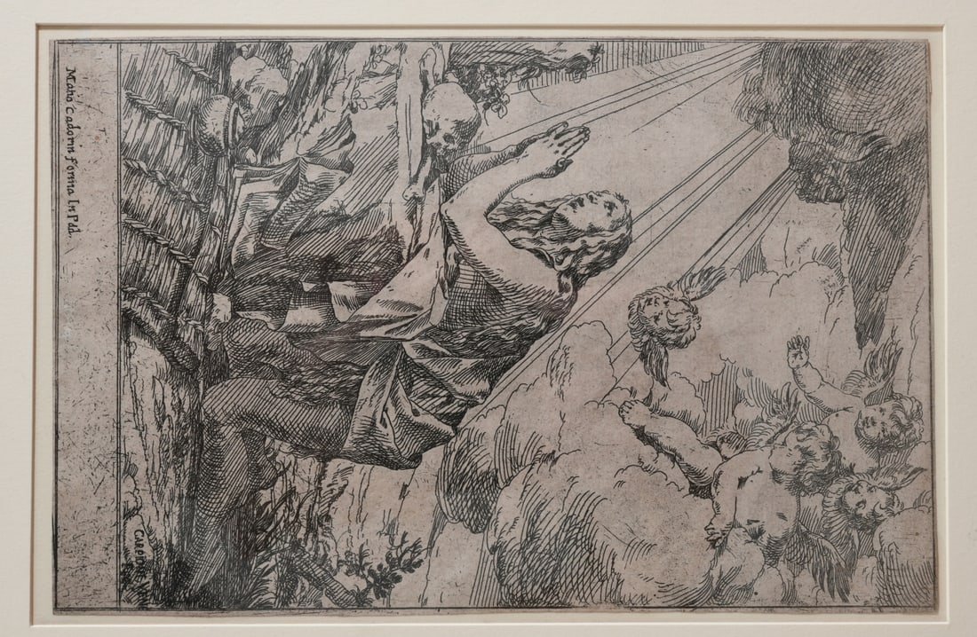 Giulio Carpioni Etching The Penitent Magdalene: 17th-century Italian Baroque etching by Giulio Carpioni (1613-1679) depicting The Penitent Magdalene kneeling in prayer before a skull (memento mori) and jar of ointment, surrounded by putti and angel