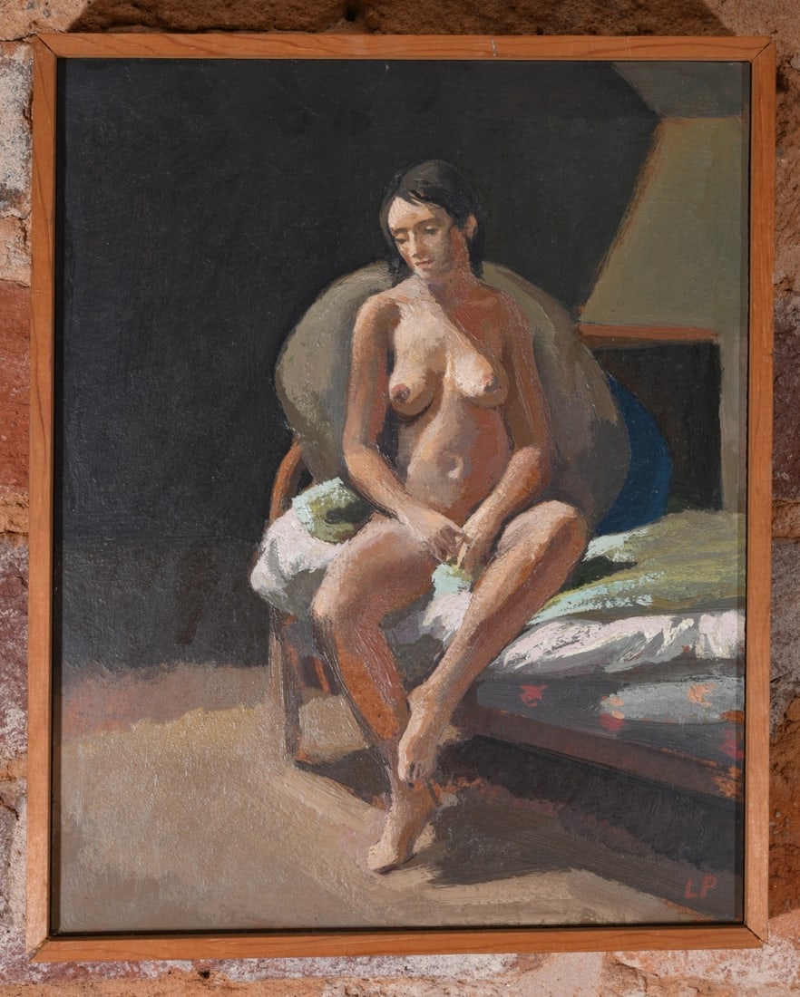Lincoln Perry (b. 1949) Oil on Masonite: Depicting a seated nude female figure in an interior setting, signed LP lower right, framed. Lincoln Perry is a Post Modernist, known for his murals in Old Cabell Hall at the University of Virginia.