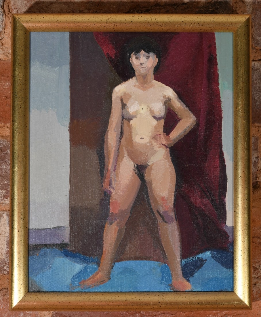 Lincoln Perry (b. 1949) Oil on Board: Depicting a standing nude female figure in an interior setting, signed LP lower left, framed. Lincoln Perry is a Post Modernist, known for his murals in Old Cabell Hall at the University of Virginia. 